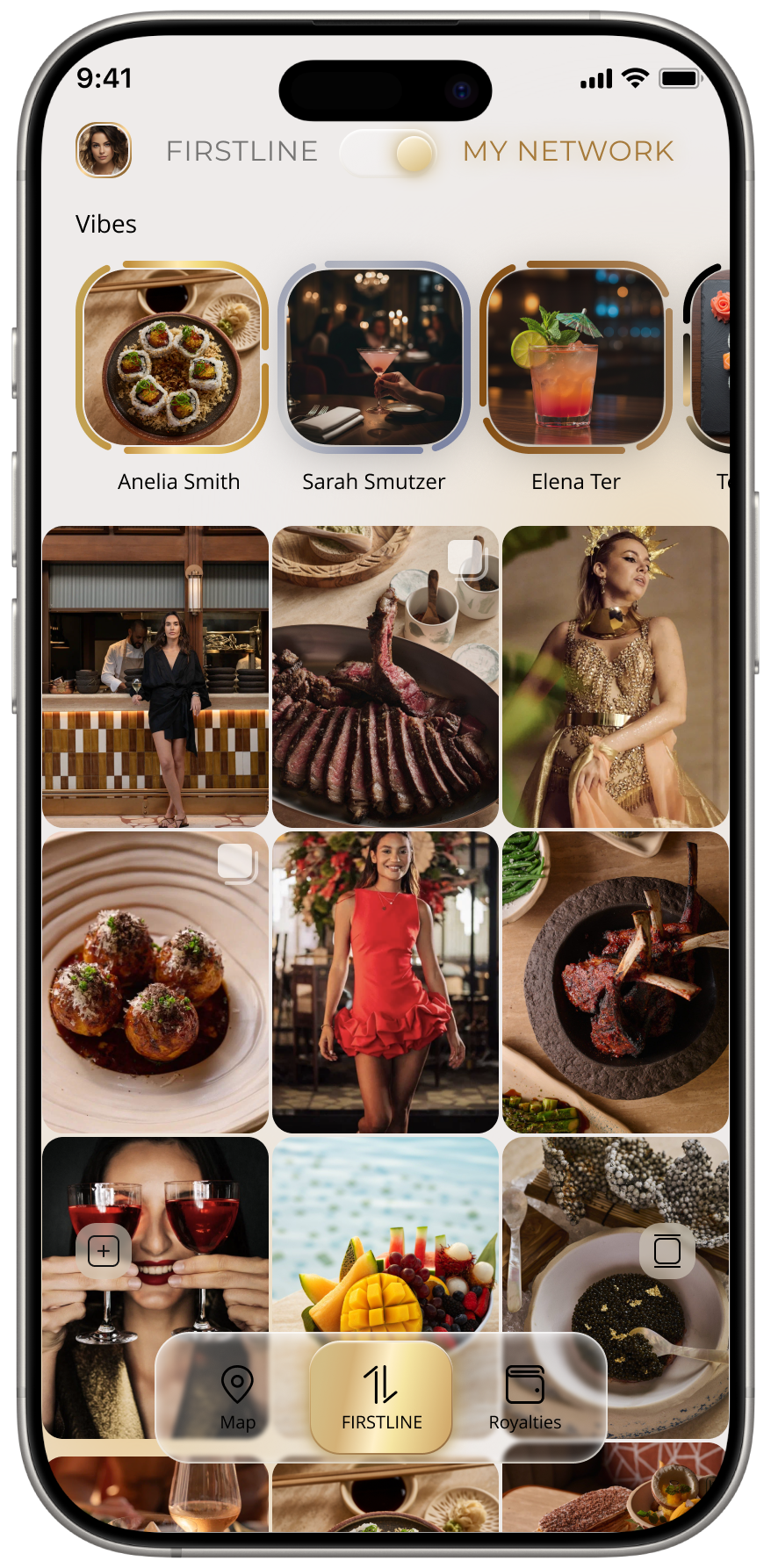 Firstline Vibes app — live dinner story feed on a phone