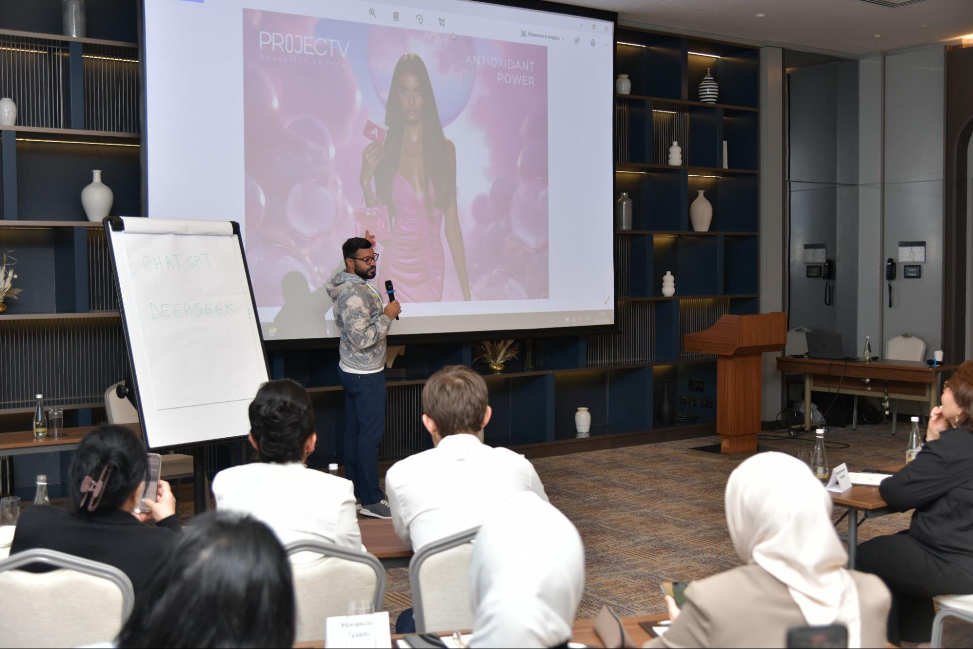 Narek with a microphone at the President's Tour in Tashkent, 2025