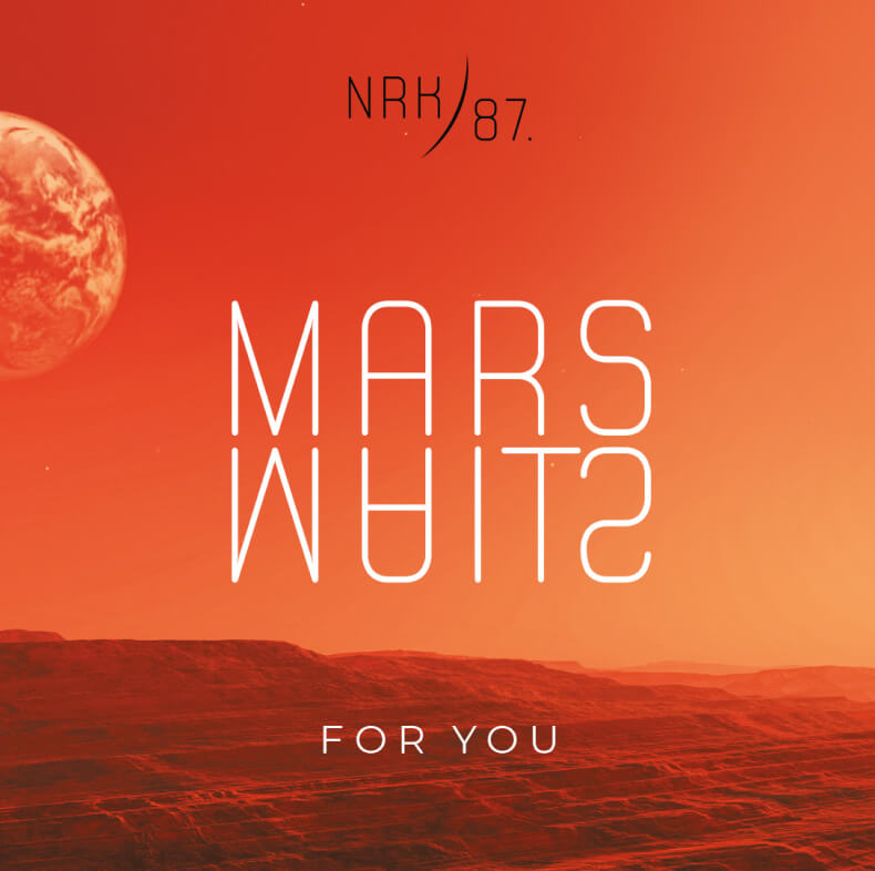 An orange Martian landscape with white text reading 'NRK87 mars'