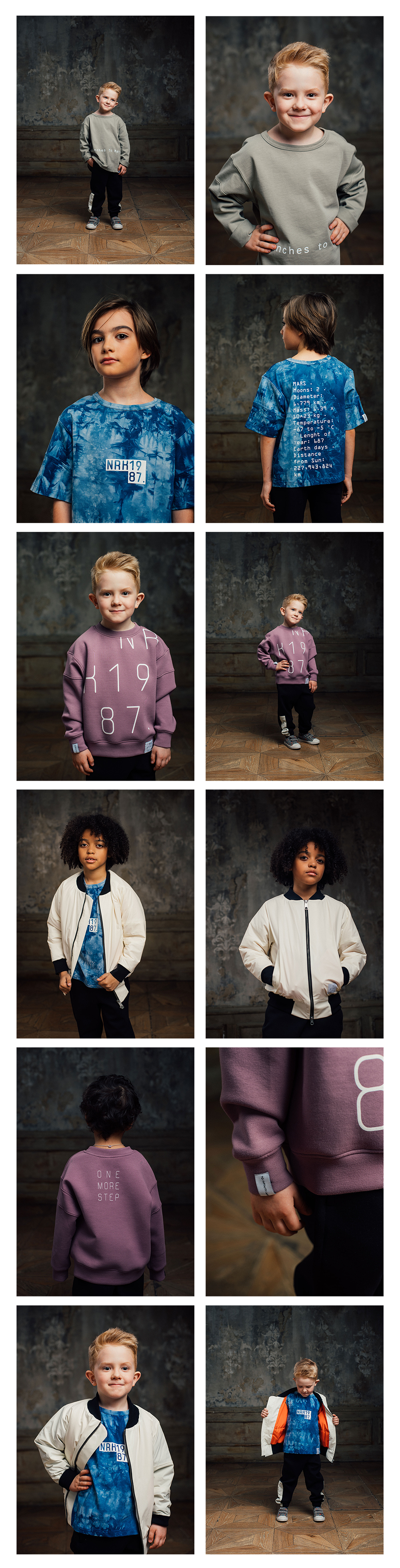 Lookbook with children in purple and gray sweatshirts, blue t-shirts, and white jackets