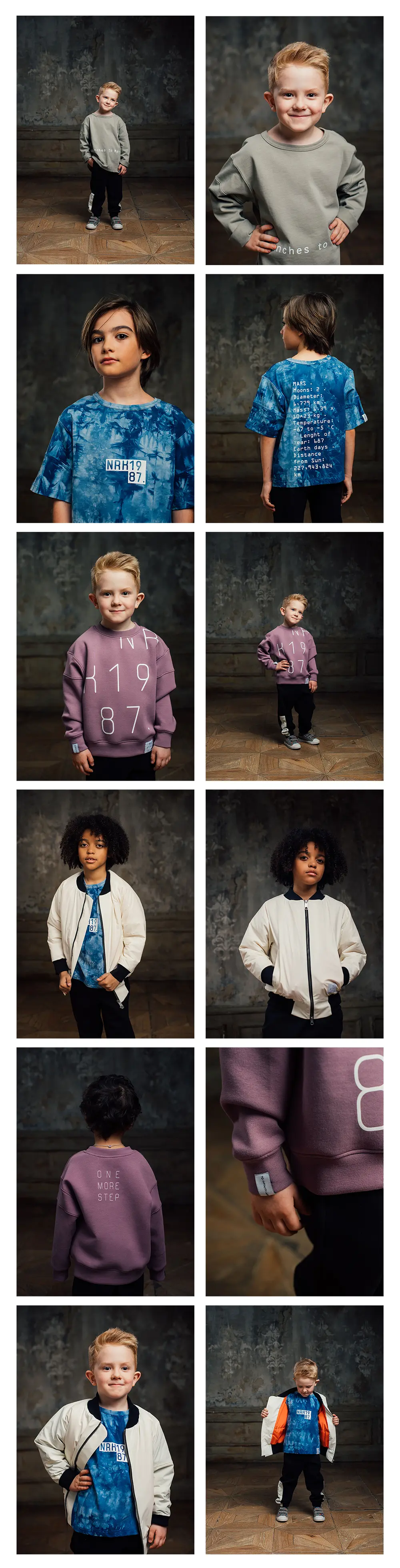 Lookbook with children in purple and gray sweatshirts, blue t-shirts, and white jackets
