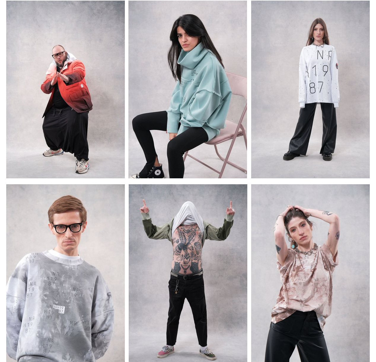 Lookbook featuring a man in a gradient jacket and sweatshirts, and women in sweatshirts and t-shirts