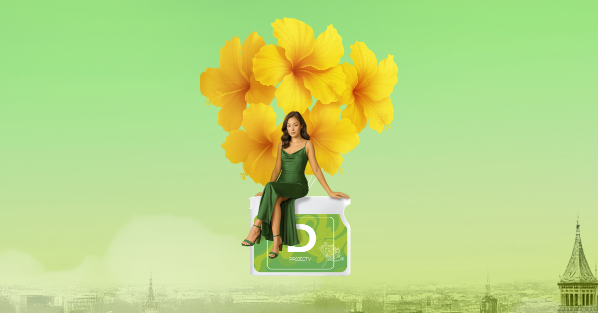Girl with flowers sitting on D product Project V on a green sky