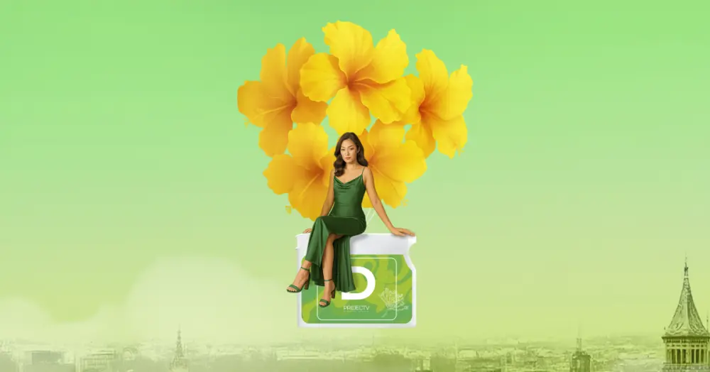 Girl with flowers sitting on D product Project V on a green sky