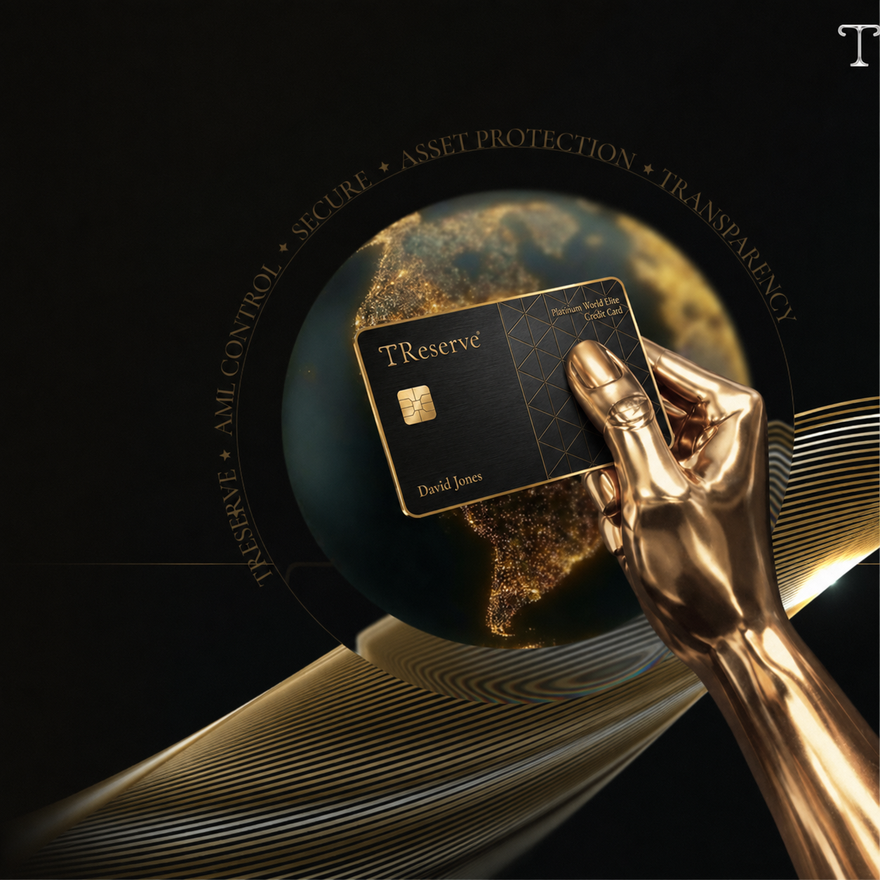 TRS Card in golden hand with globe behind