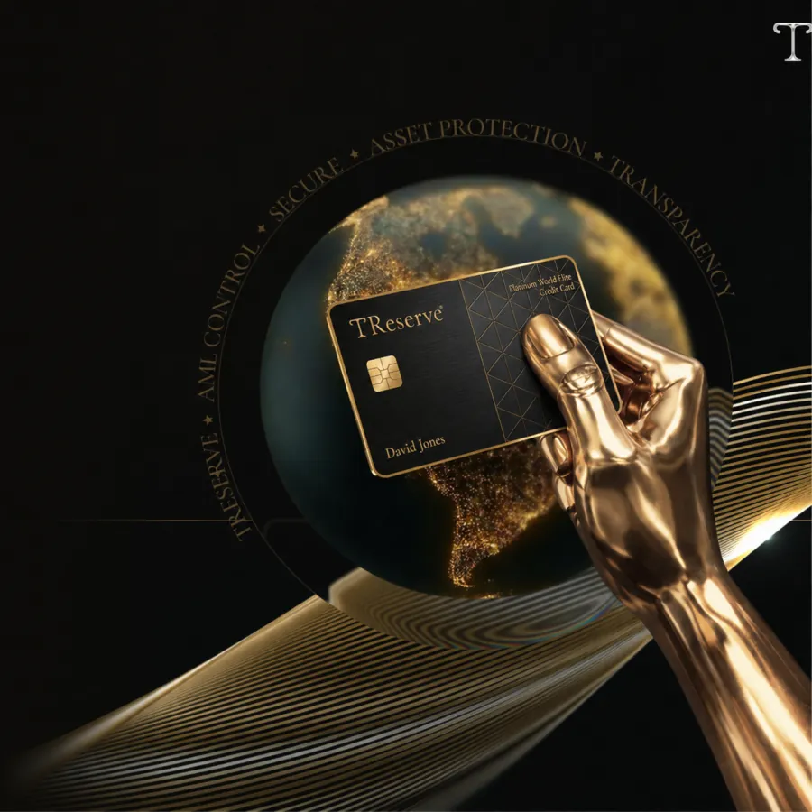 TRS Card in golden hand with globe behind